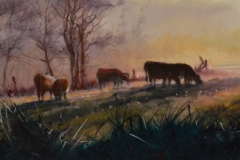 COWS IN THE MORNING - 6 X 12 - OIL - $300