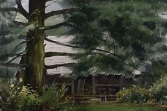 CABIN THROUGH THE PINES - 18 X 22 - WATERCOLOR - $400