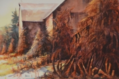 CORN SHOCKS BY THE BARN - 22 X 29 - WATERCOLOR - $400
