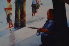 FISHING UNDER THE PIER - 22 X 29 - WATERCOLOR - $600